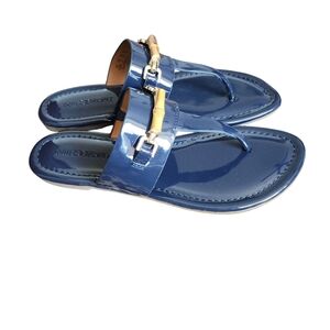J. McLaughlin Nora patent leather sandals in navy featuring a bamboo accent
